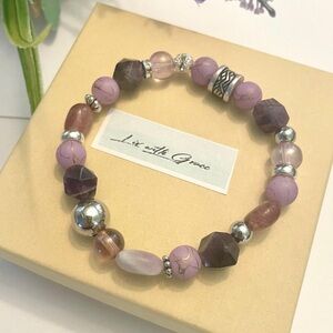 Purple Agate and stone bracelet 8-10mm Silver accents, handmade stretch